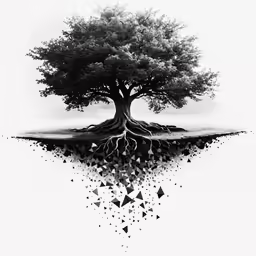 black and white photograph of tree with multiple faces