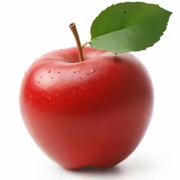 a red apple with a green leaf attached