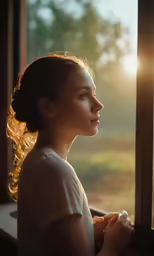 the woman looks out of the window at the trees