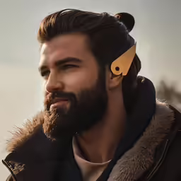 bearded man with a long hair comb in his ear