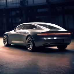 a sleek looking grey vehicle on display in the middle of the street