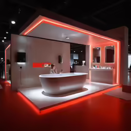 a bathroom has red lighting and modern fixtures
