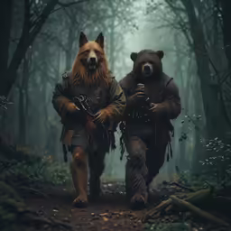 two bears that are in the woods with one bear walking