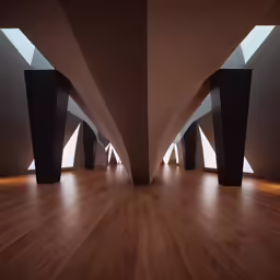 an empty wooden floor with several columns