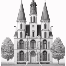 an old, white church has steeples with a black roof