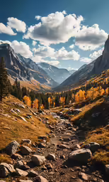 an area with rocks, grass and small trees is surrounded by mountains