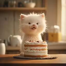 a white cat stands on top of a cake