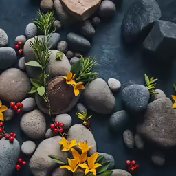 some flowers and leaves laying out on the rocks