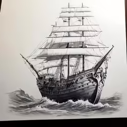 a black and white drawing of a sail ship