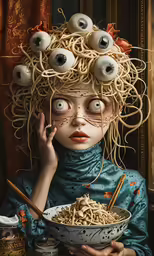 a woman holding a bowl filled with noodles