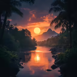 the sun sets over a mountain range and some trees