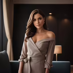 woman wearing a gray dress in a hotel