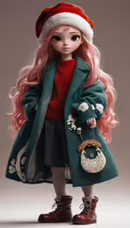 a doll wearing a coat, hat and boots with a handbag