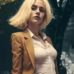 a woman with blonde hair in a leather blazer
