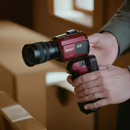 a man holding a red and black camera next to a hand