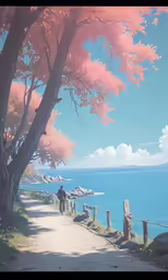 a person on a bicycle riding down a road next to the ocean