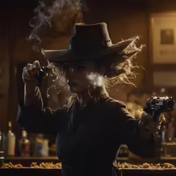 a woman in a hat smoking a gun
