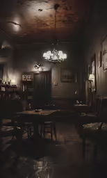 a dark room with two chairs and tables