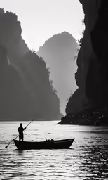 black and white photo of man in boat on river