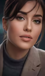 a woman with long hair is wearing a gray sweater