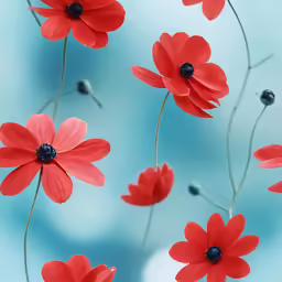 the red flowers are in a blue vase