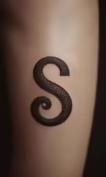 a tattoo that has a small black s on it