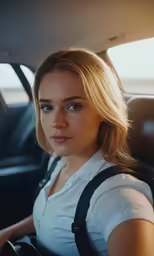 the girl is riding in her car and smiling