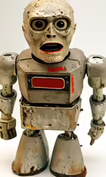 an old robot that is standing up against a white background