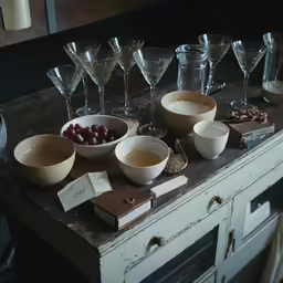 a table with bowls of dessert and glasses