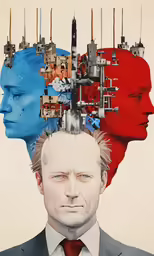 a collage of two men with heads with faces in different directions