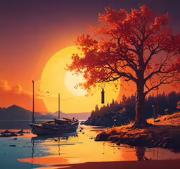 the sun shines through the trees on a beach,a painting of boats on the shore and sunset