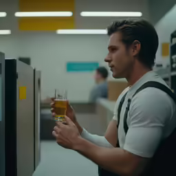 man drinking beer and looking at refrigerator