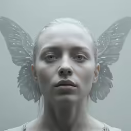 the white head of a girl with wings in her ears