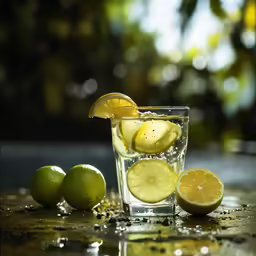 a shot glass with some lemons and water