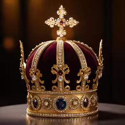 a gold crown with red velvet, jewels and a crystal cross
