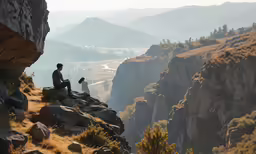 a person sits on a rock with the mountain background