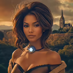 a woman is in a dark dress and a castle