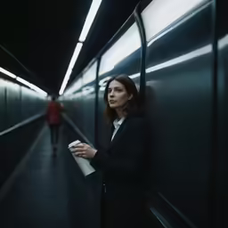 a young woman standing next to an empty subway train station