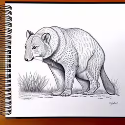 this is an image of a bear sketch,drawing of a white fox standing next to dry grass