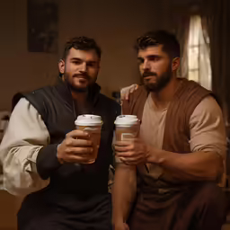 two men sitting next to each other with coffee