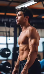 a male with no shirt is posing at the gym