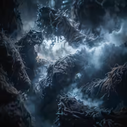 an animated scene of many large, dark creature like creatures