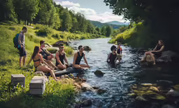 a group of people sitting around a river