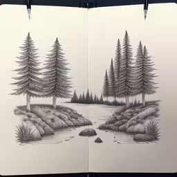an open book with pencil drawings of different trees,two books with a drawing of trees in the background,a drawing of the landscape has been created using a pencil on paper,drawing the woods with pen and ballpoint markers,two drawings in the process of depicting trees and water
