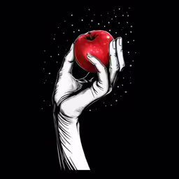 the artwork depicts a hand holding an apple
