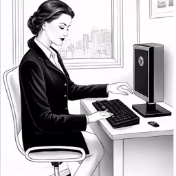 a woman in a suit using a desktop computer