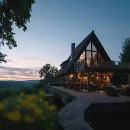 a house with a covered porch overlooking a valley