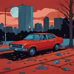 an orange car parked on the street near a city at night,a classic car parked in front of an urban skyline