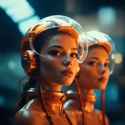 two women dressed in futuristic headsets with earphones