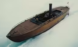 an elevated view of a wooden boat on a body of water